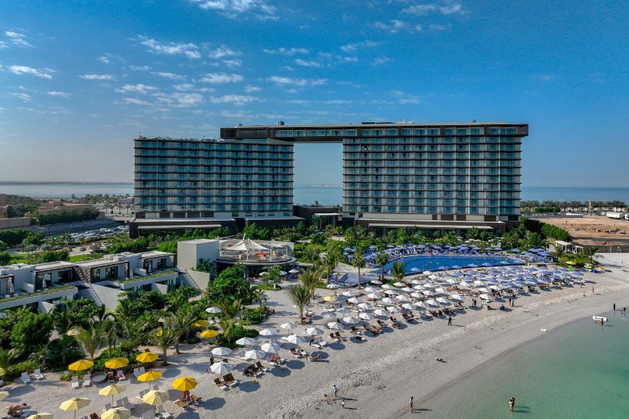 Aerial view of luxury hotel in Marjan Island