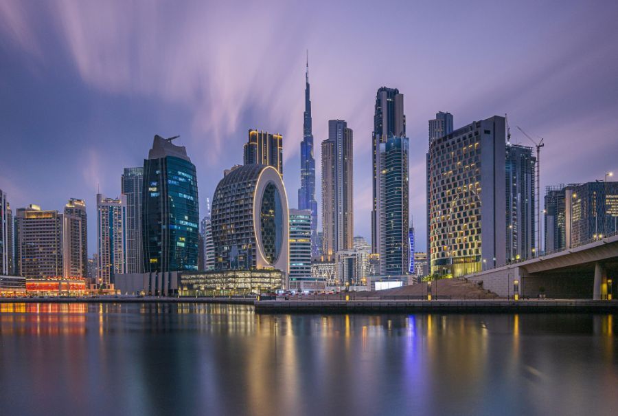 Dubai Downtown Skyline with Blue light