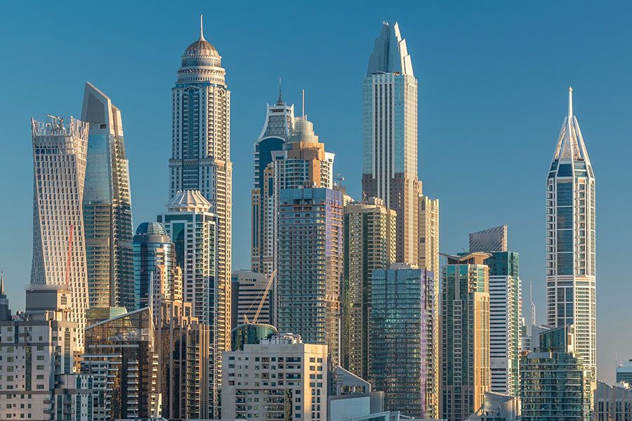 Dubai Marina skyscrapers aerial top view