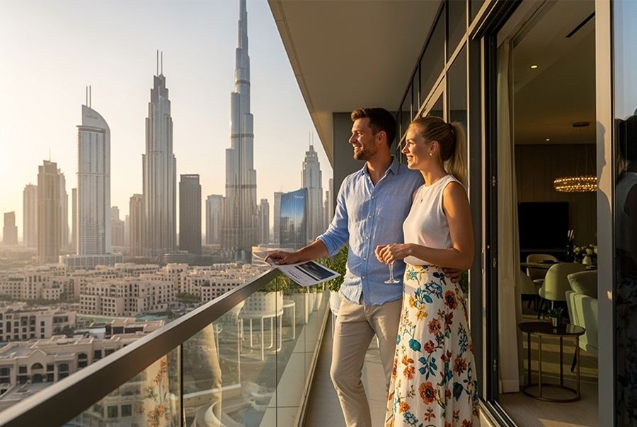European couple standing in the balcony of a flat in Dubai