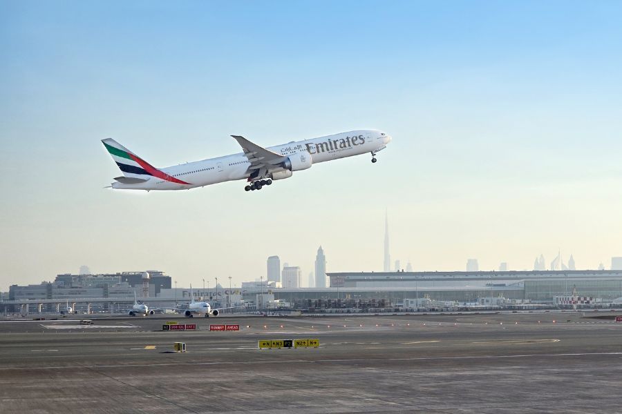 Plane taking off at Dubai International Airport